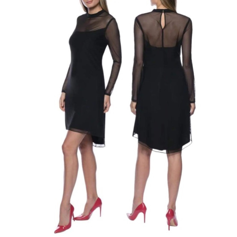 Marina Dresses Sheer Mock Neck Black Dress NWT